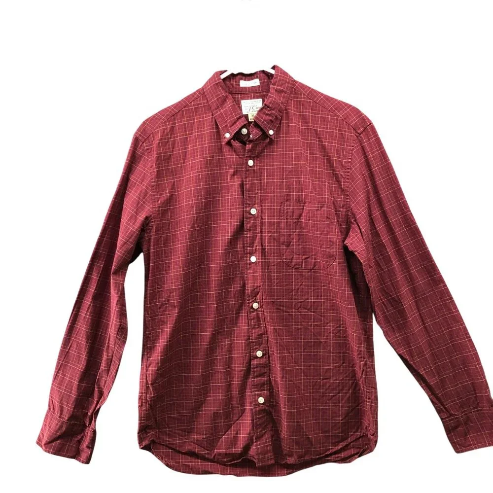 J. Crew Slim Untucked Long Sleeve Shirt Men M Red Grid Plaid Button Down Organic